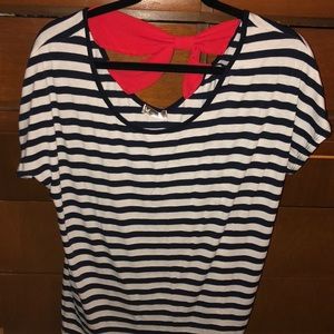 Navy and white striped shirt with red bow
